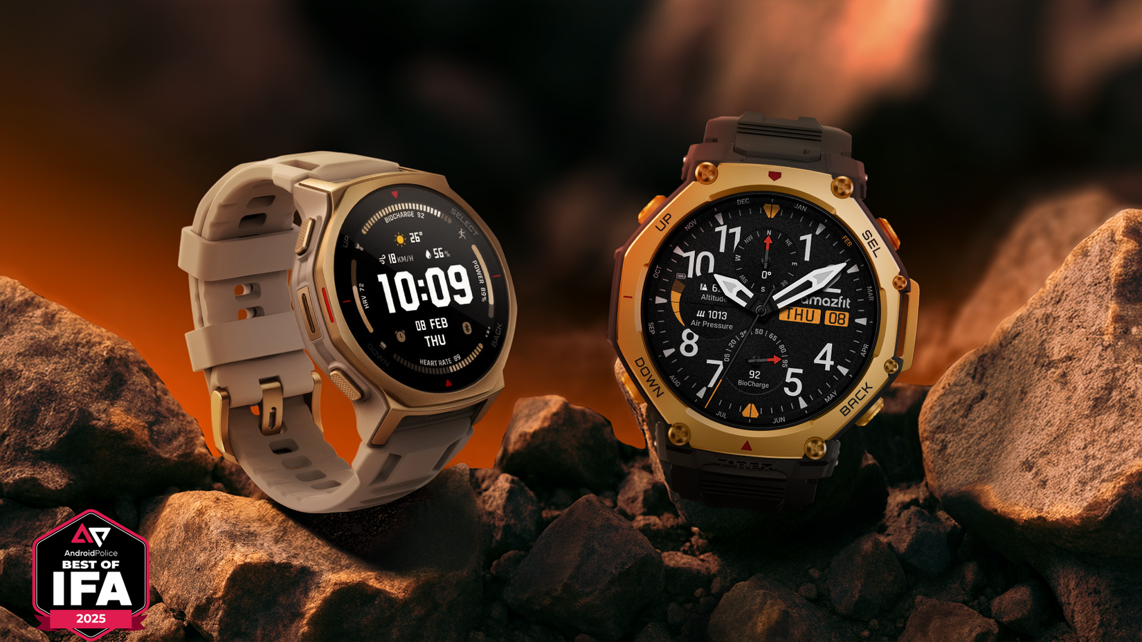 Amazfit T-Rex 3 Pro smartwatches displayed side by side on a rocky surface.