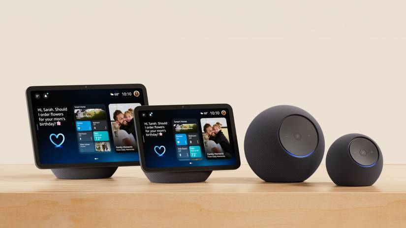 A lineup of Amazon Echo displays and speakers