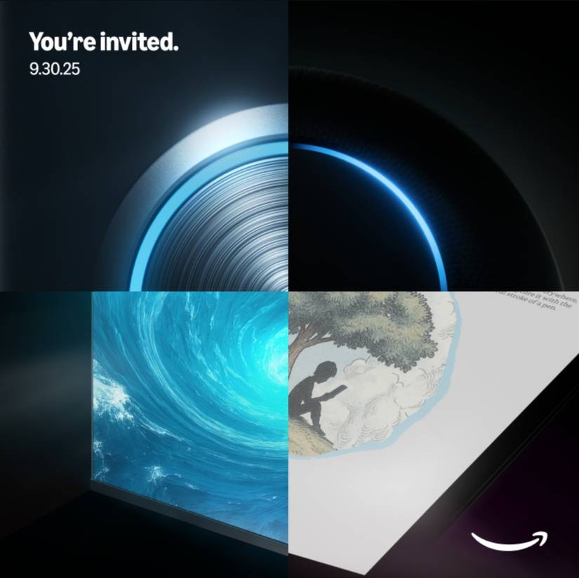 An image from the invite to Amazon's September 2025 Devices & Services event featurintg Echo, Fire Tablet, and other apparent Amazon devices.