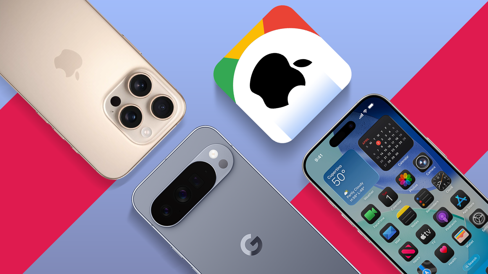 Um iPhone ao lado de um Google Pixel e um ícone com o logotipo da Apple com as cores do Google.