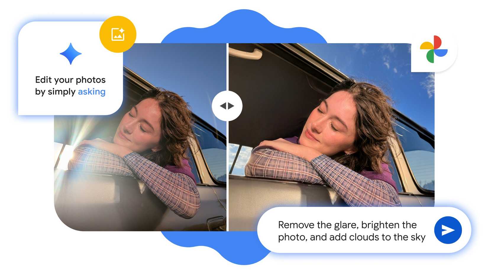 A visualization of conversationally editing photos with Gemini in Google Photos.