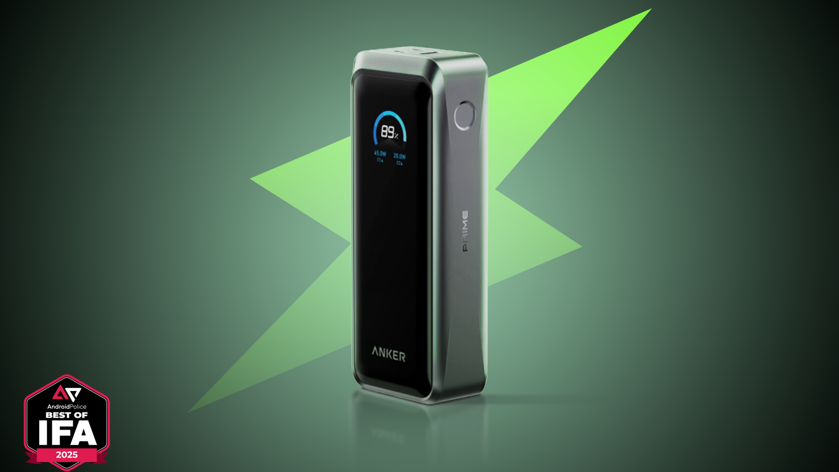 Anker Prime Power Bank (26K, 300W) standing upright on a green background with a lightning bolt.