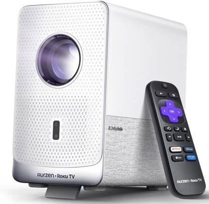 The white Aurzen Roku TV Smart Projector D1R Cube with a Roku remote leaning on it