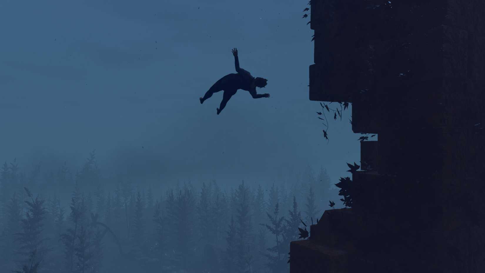 The player falls off a large cliff at night in Baby Steps