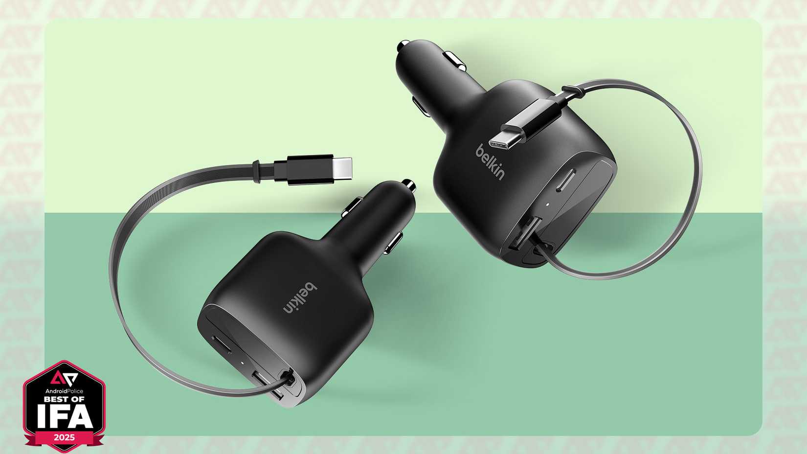 Belkin BoostCharge Retractable Car Charger 75W in black, shown from two angles.