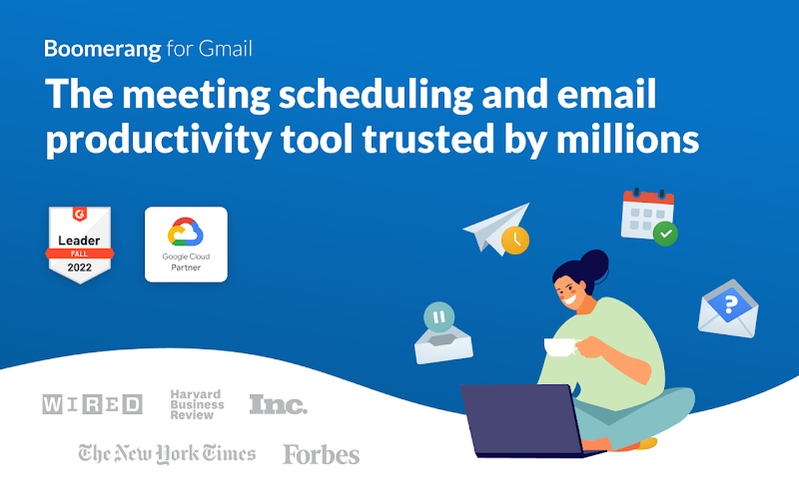 Boomerang for Gmail banner showing a person with a laptop, email and calendar icons, and text promoting it as a trusted meeting and email productivity tool