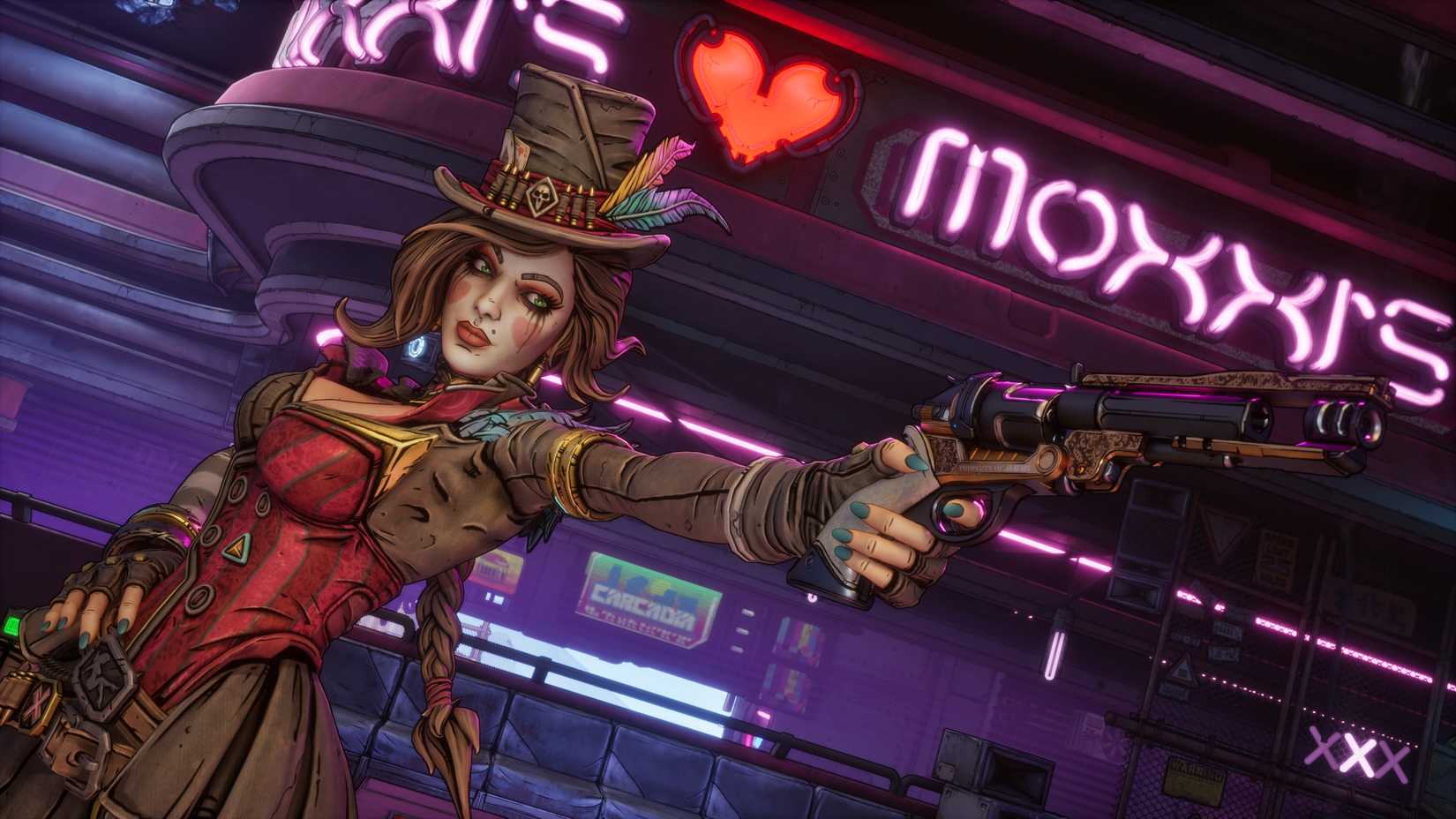 Moxxie shoots a gun at someone entering her bar on Kairos in Borderlands 4