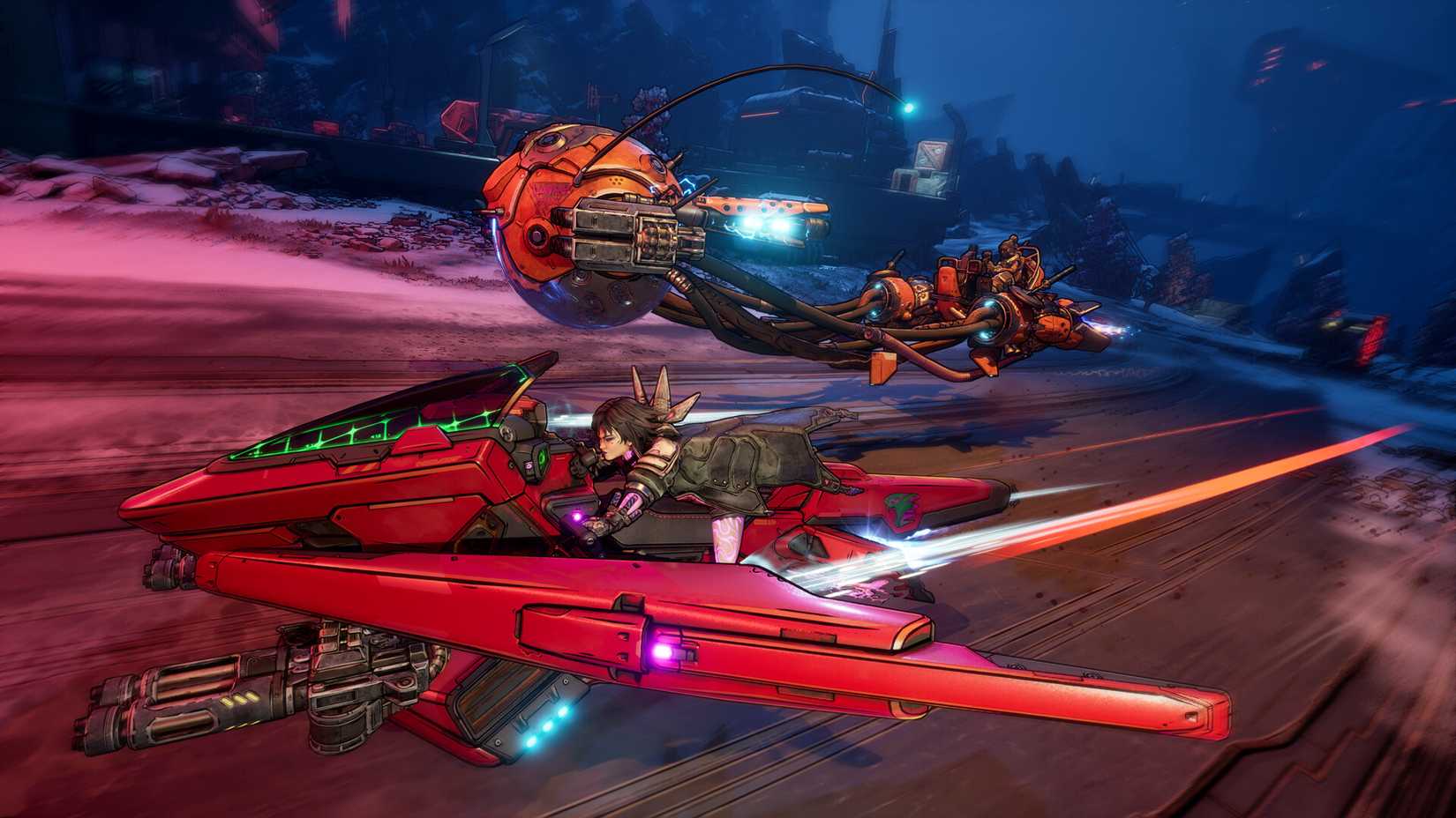 Two players ride on vehicles through Kairos in Borderlands 4