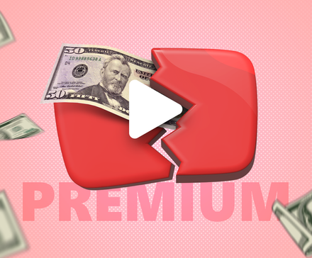 Broken YouTube Premium logo with dollar bills flying around it.