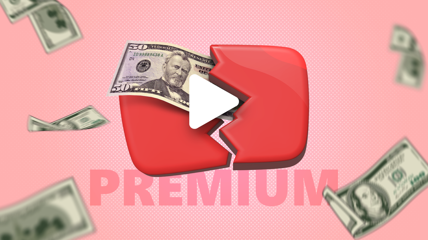 Logotipo do YouTube Premium quebrado com notas de dólar voando ao redor.