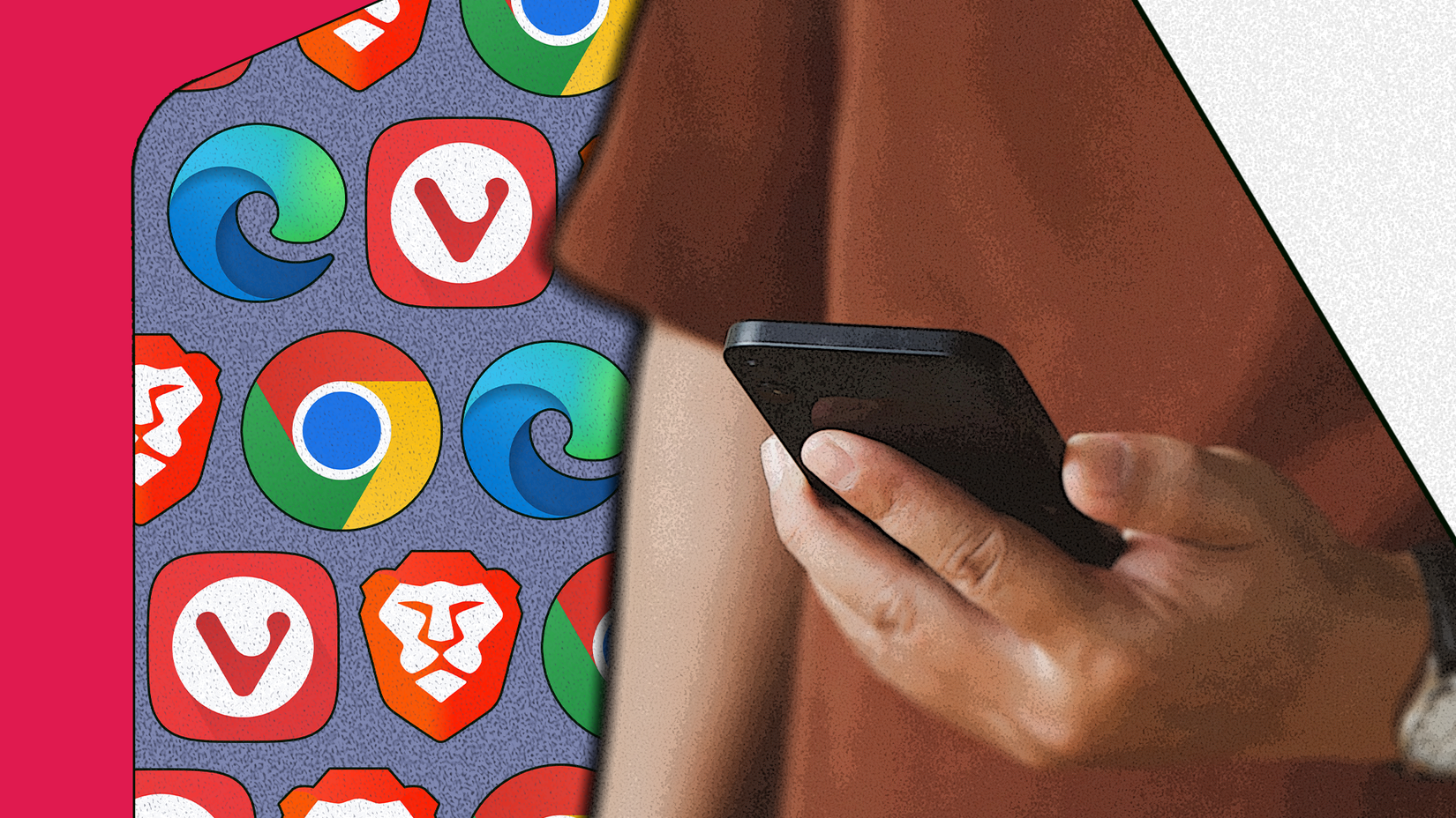 Pessoa segurando um smartphone com logotipos de navegador Chrome, Edge, Vivaldi e Brave em segundo plano