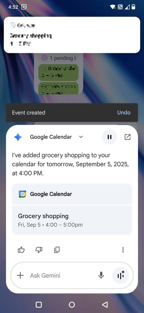 屏幕截图显示如何与Google Gemini添加日历事件