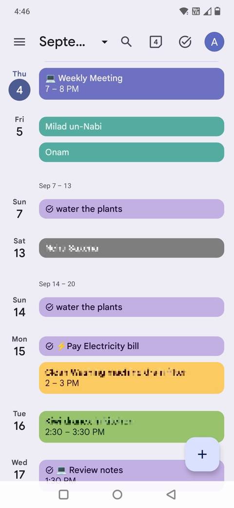 屏幕截图显示了Google日历中的任务和事件列表