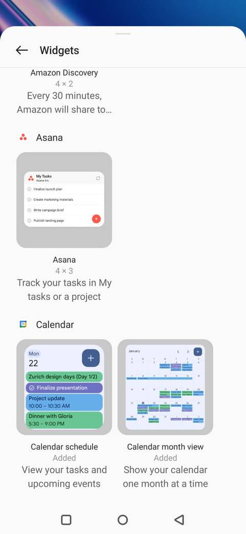 A captura de tela mostrou opções de widget para o Google Calendar