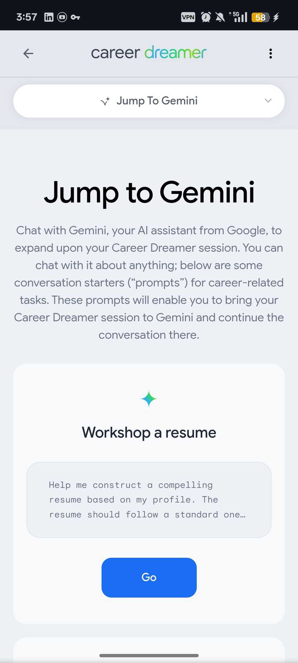 Career Dreamer webpage showing auto-generated prompt for resume creation on Gemini