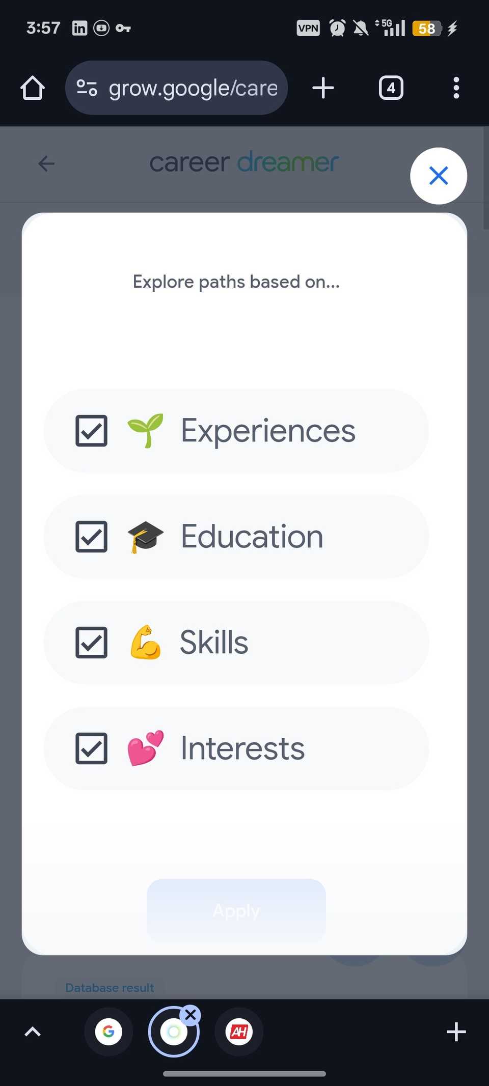 Career Dreamer webpage showing four career path search criteria 
