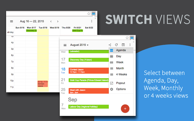 Screenshot of Google Calendar interface showing events in week and month views with options to switch between Agenda, Day, Week, Month, or 4-week layouts