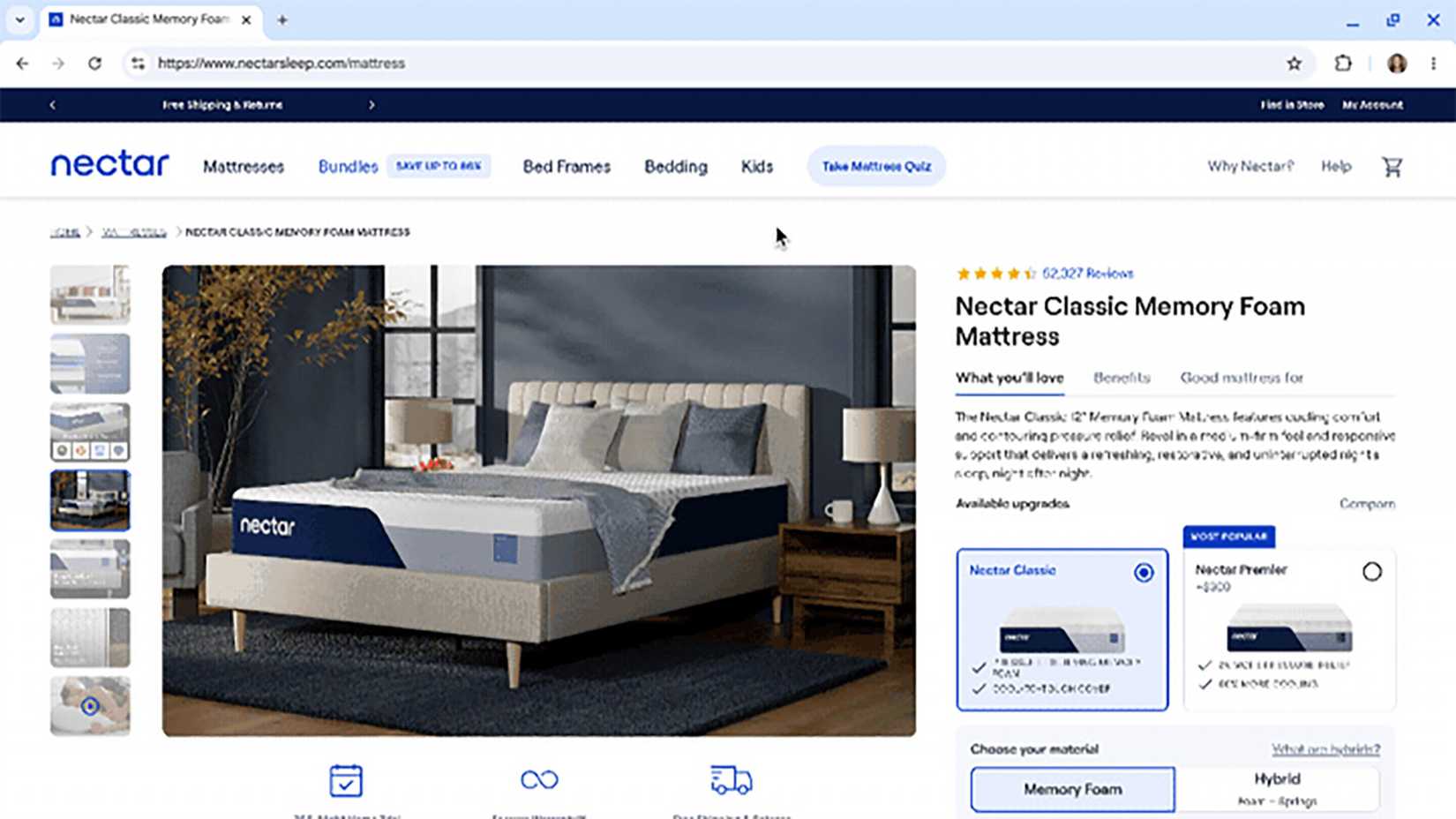 Chrome browser on Nectar mattresses site