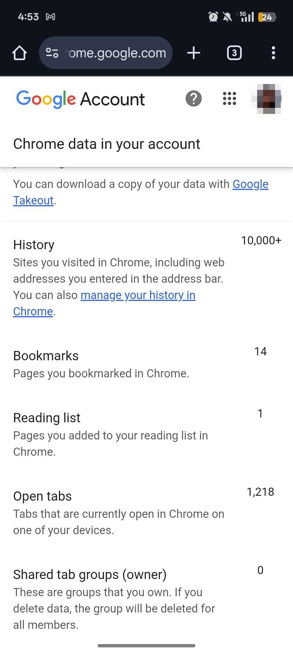 Webpage showing user Google account browsing data