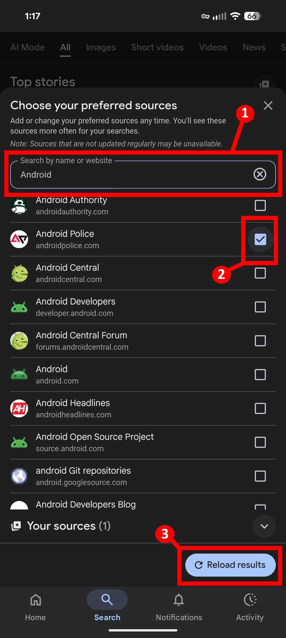 Three rectangle labels with numbers highlighting the 'Search by name or website' with the Android entry, a checkbox next to Android Police, and the Reload results button on a mobile browser