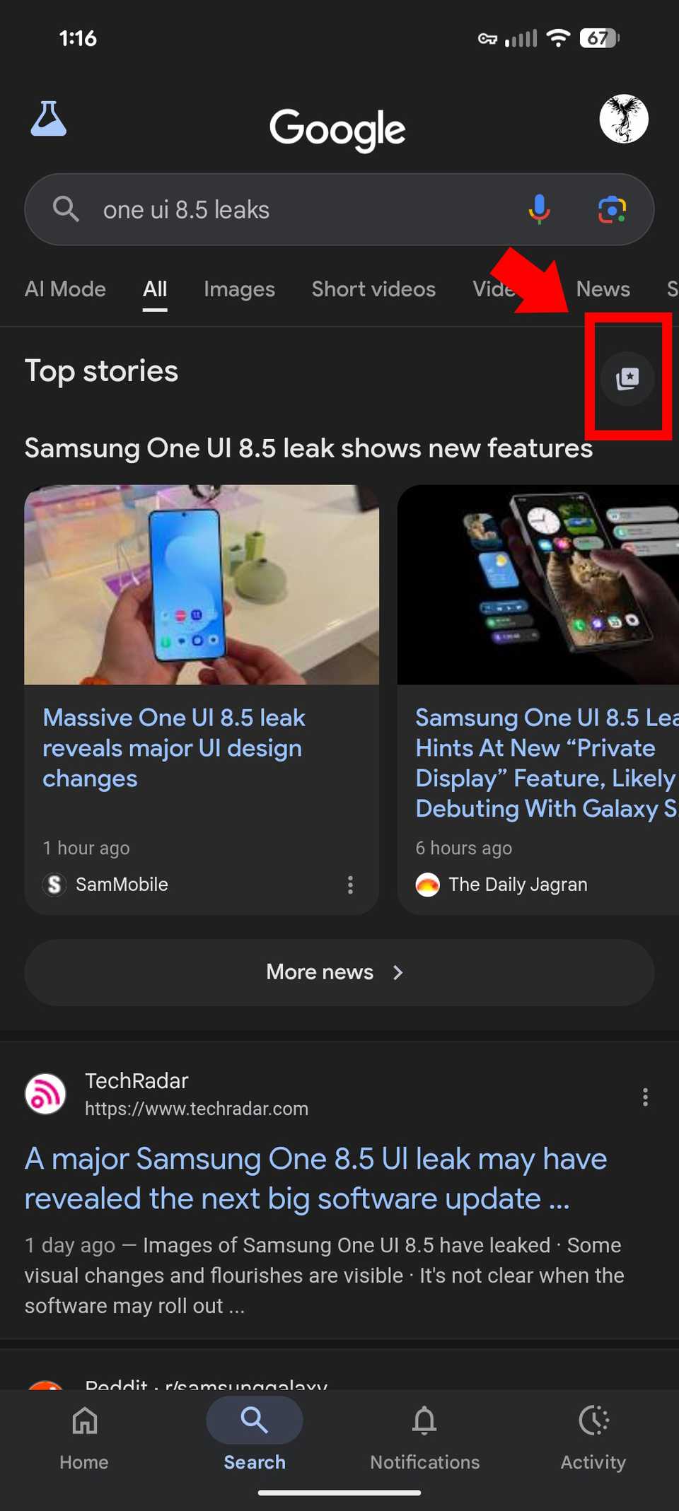 Red arrow pointing to rectangle outline highlighting the Preferred Sources button next to Top stories in a Google Search on mobile 