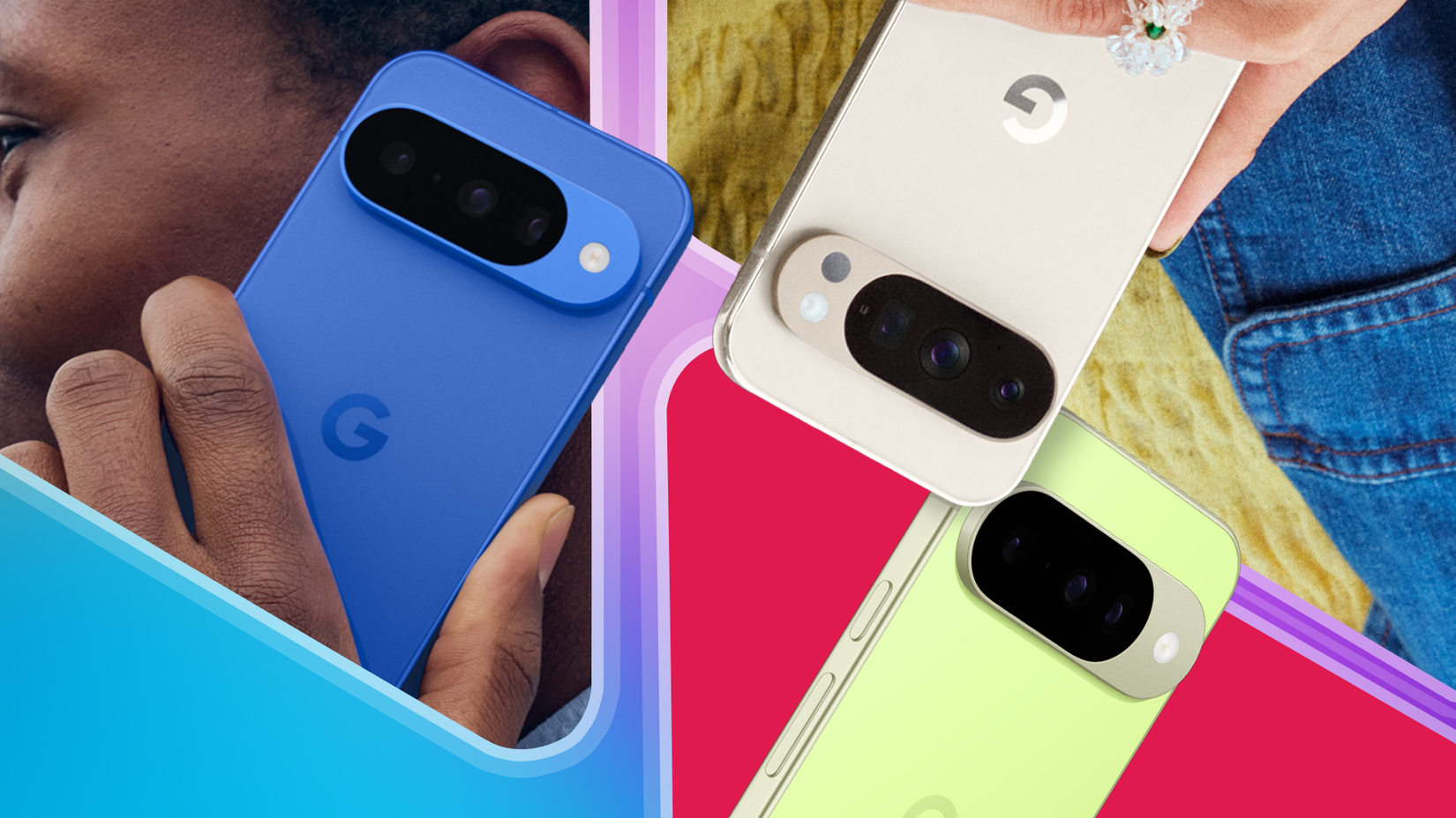 Close-up view of Google Pixel 10 smartphones in Indigo, Porcelain, and Lemongrass colors, displayed against vibrant colorful backgrounds.