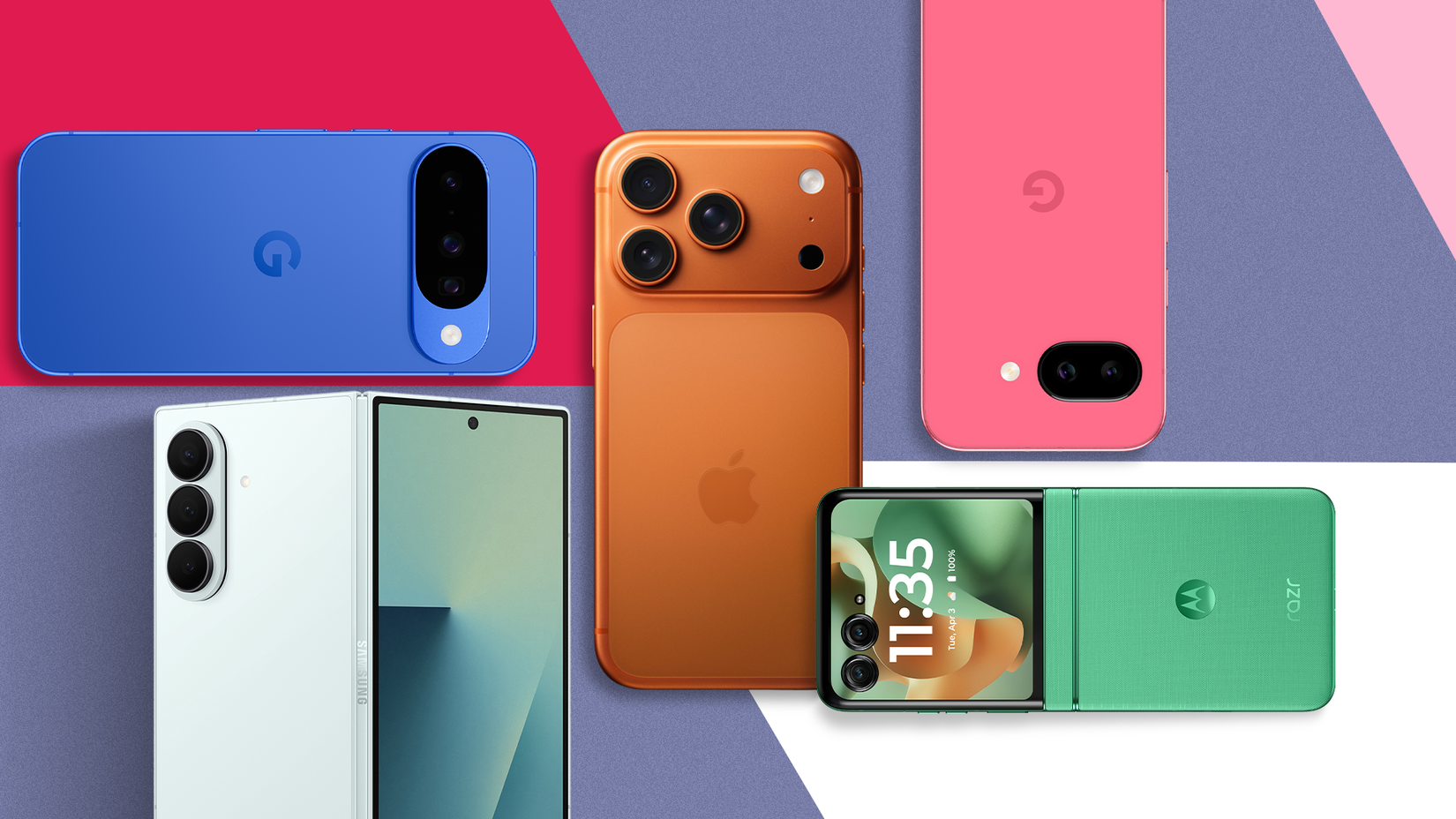 Collage of smartphones including Google Pixel, Samsung Galaxy Z Fold, and Motorola Razr, shown as alternatives to the iPhone 17.-1