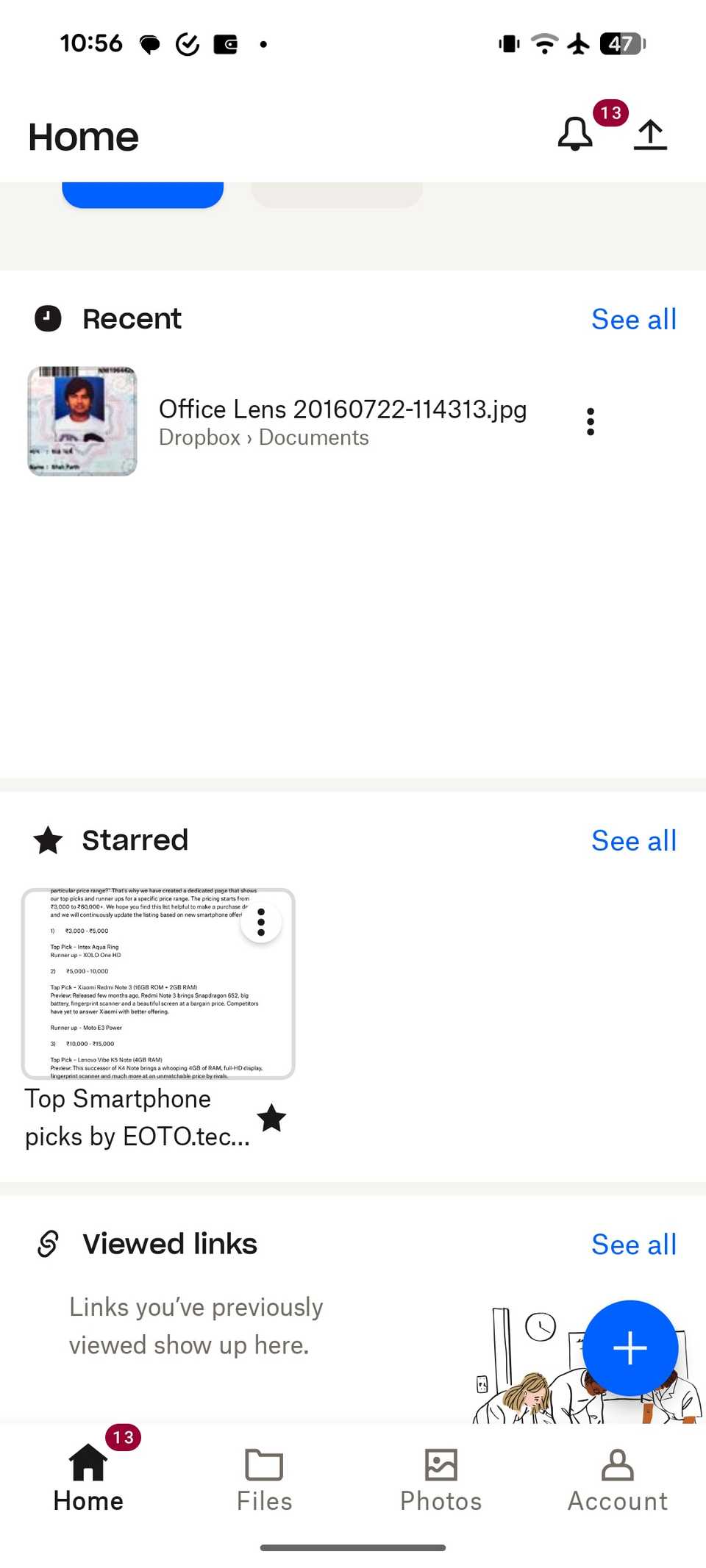 Menu principal do Dropbox