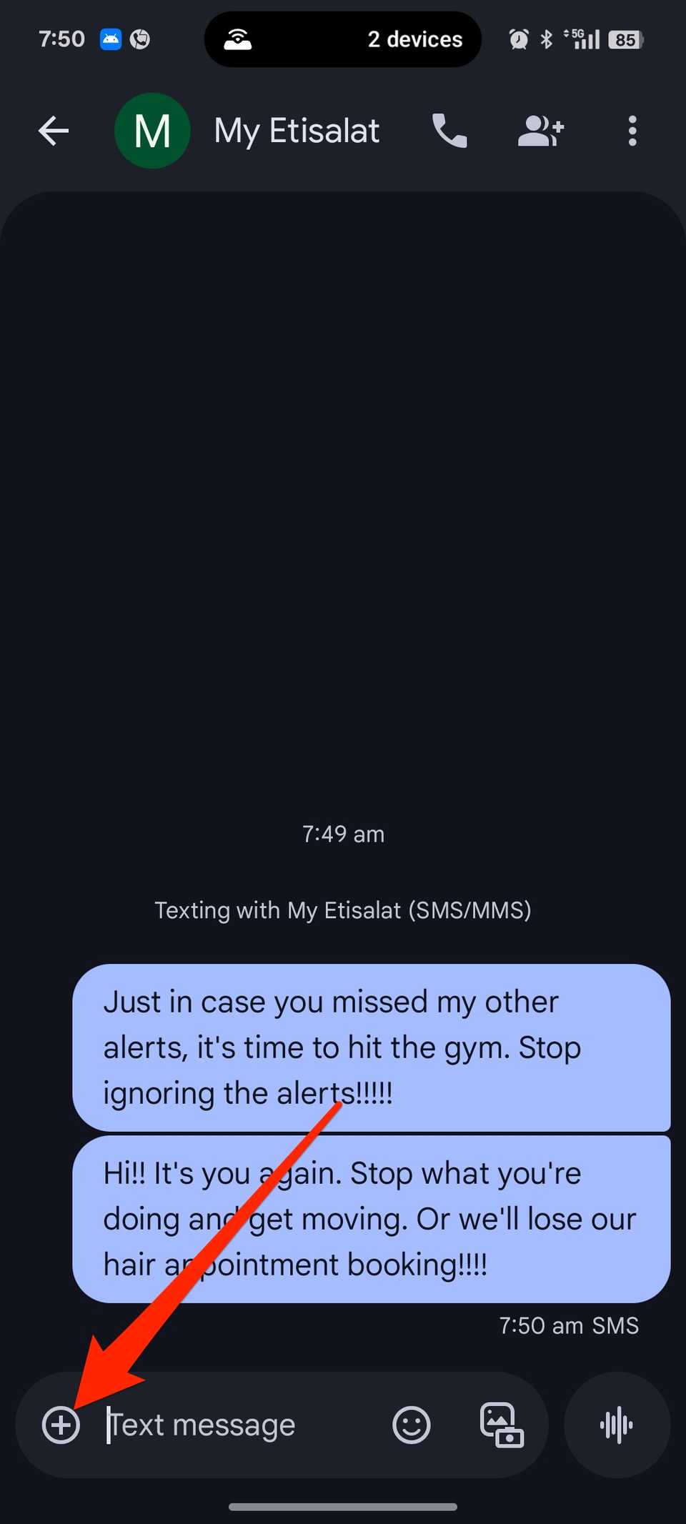 Chat screen in Google Messages showing user texts to self via other number