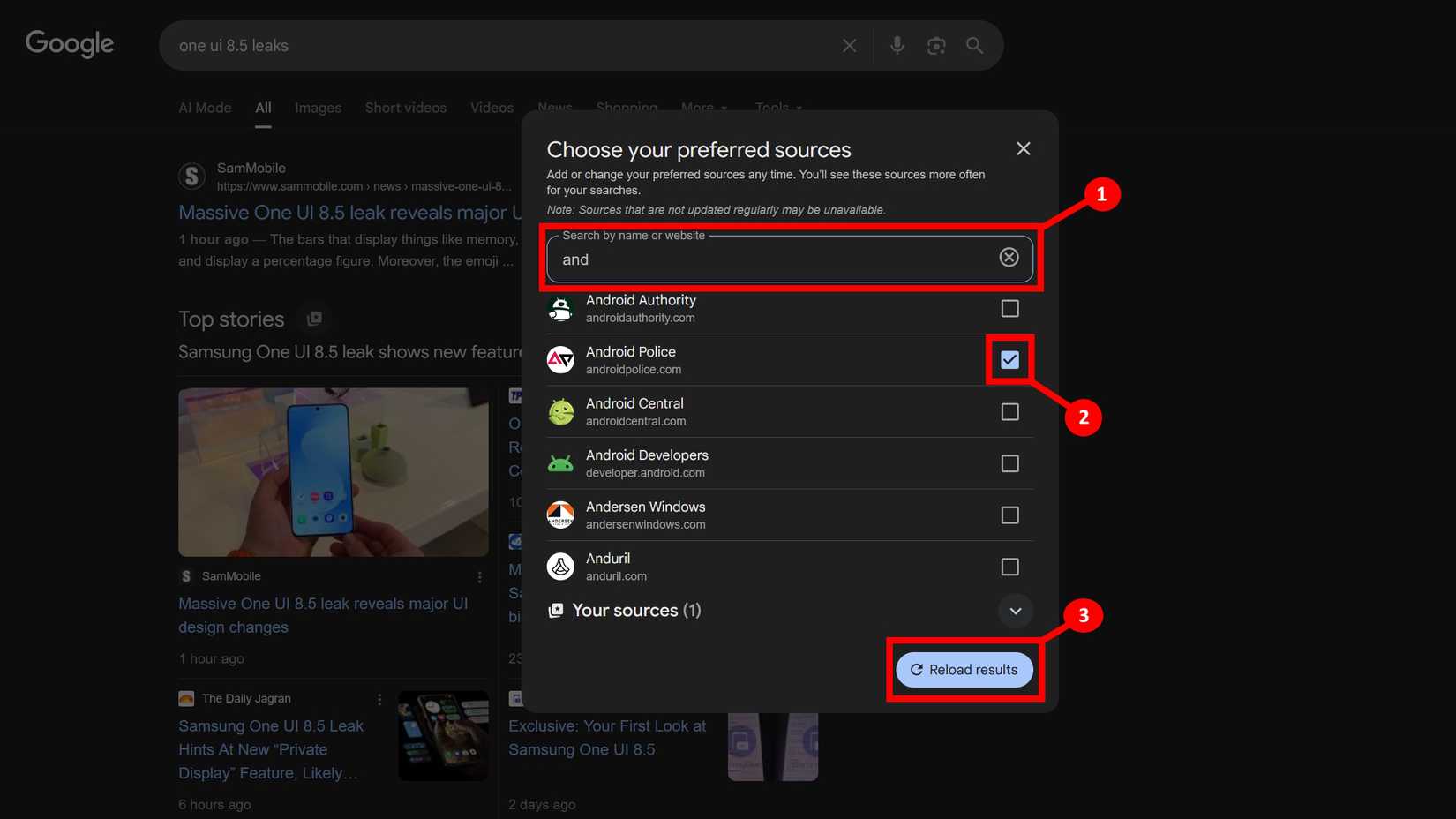Three labels highlighting the 'Search by name or website,' the checkbox next to Android Police, and the Reload results button in the Choose your preferred sources window on a desktop web browser