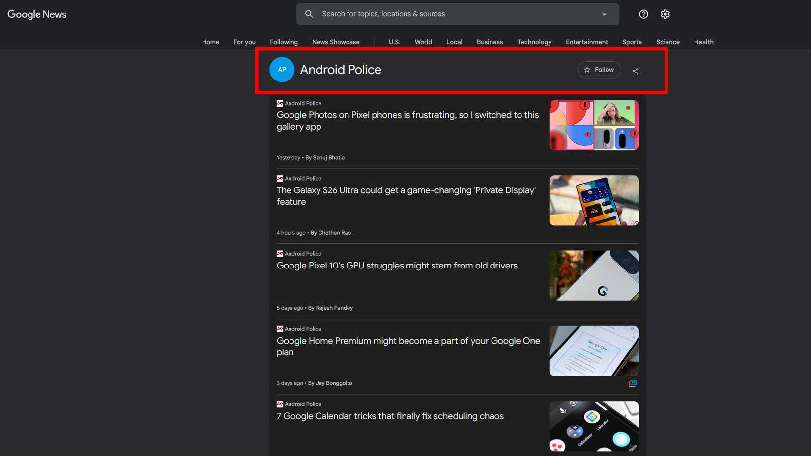 Red rectangle outline highlighting Android Police next to a follow button with a star on Google News using desktop web browser
