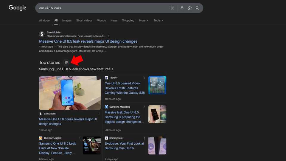 Red arrow pointing to the square star icon next to Top Stories carousel in Google Search on a desktop web browser