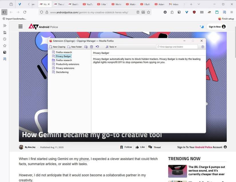 Screenshot of the Clippings extension in Firefox