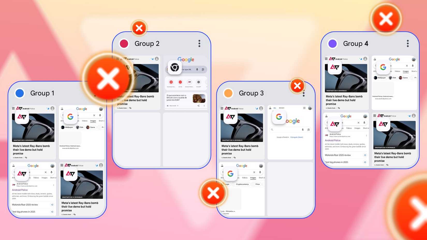 Quatro grupos de guias com cantos arredondados pairando sobre um fundo colorido