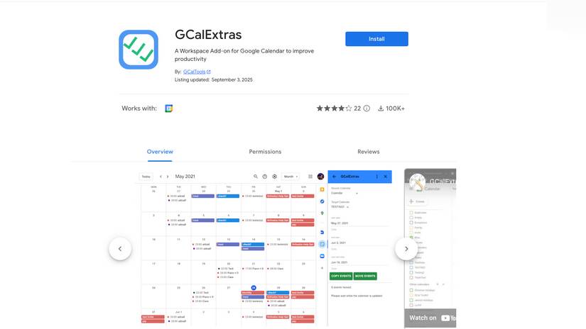 Screenshot of GCalExtras add-on page for Google Calendar showing install button, rating, downloads, and calendar interface preview