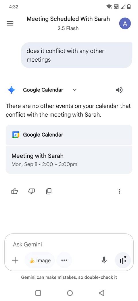 屏幕截图显示如何使用双子座检查Google日历中的冲突