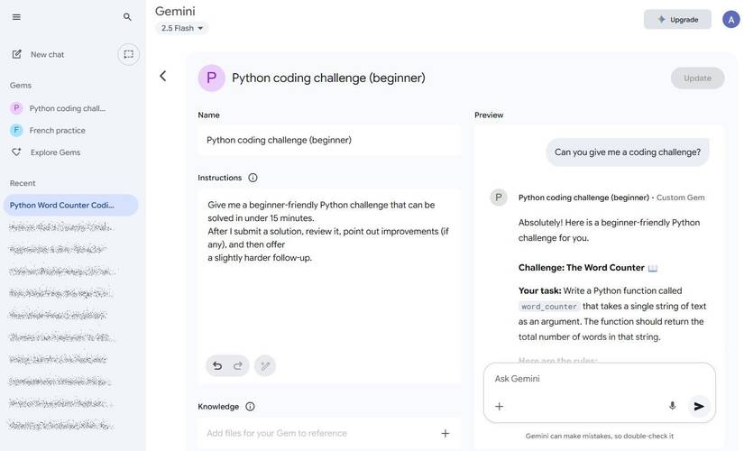 Screenshot showing a custom Gemini Gem for coding