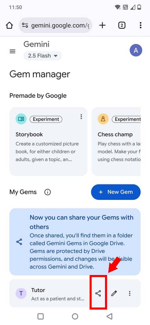 Red arrow pointing to red rectangle outline highlighting the Share button next to a gem in the Gem manager on mobile