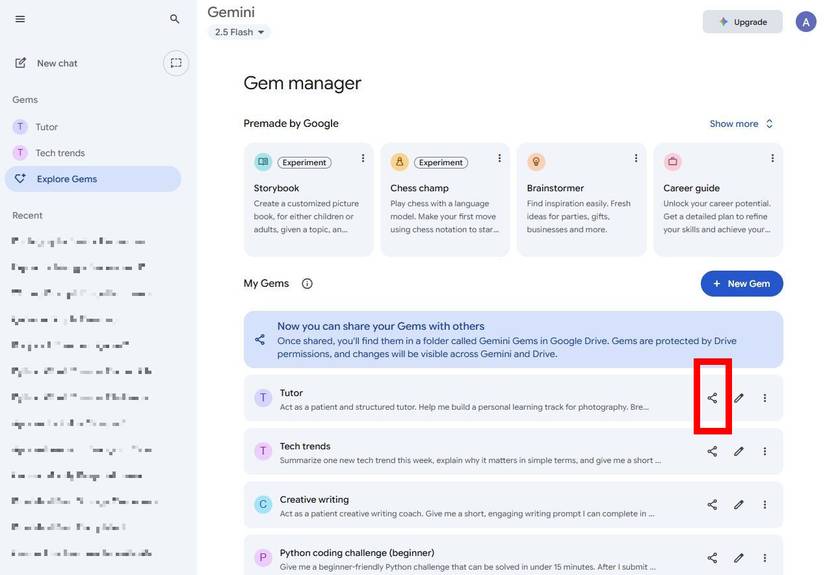 Red rectangle outline highlighting the share button next to a listed Gem in My Gems in Gem Manager on desktop