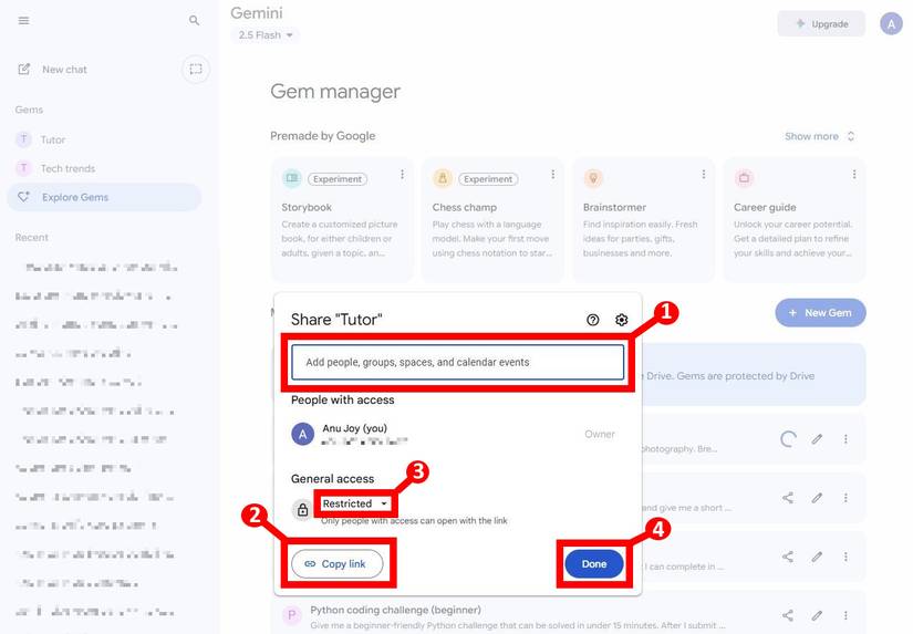 Four labels showing the Add people, groups, spaces, and calendar events, the Copy link button, the dropdown under General access, and the Done button for sharing a custom Gem in the Gem manager while on desktop