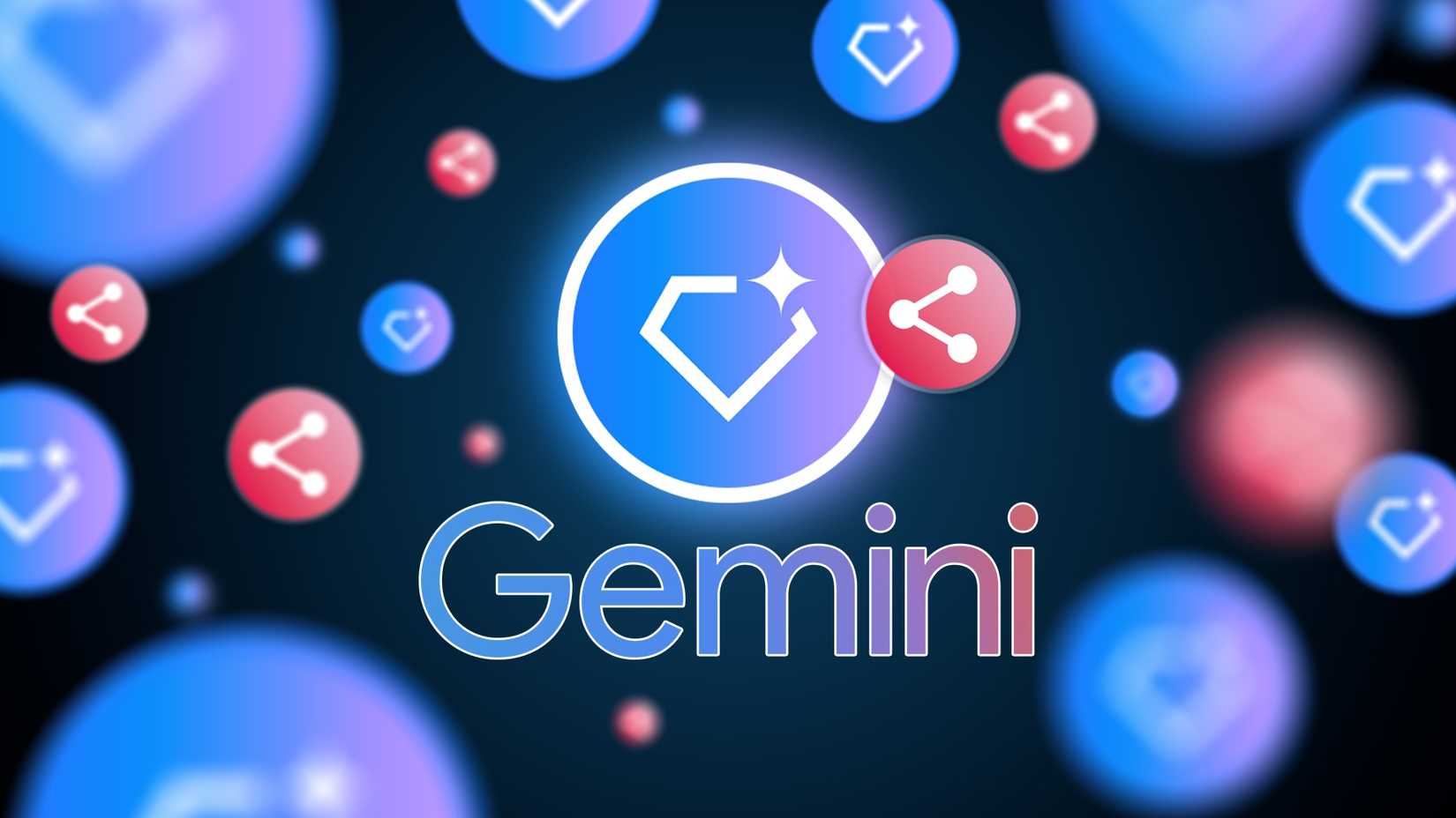 Illustration of the Google Gemini logo with glowing gem icons and share symbols floating around.