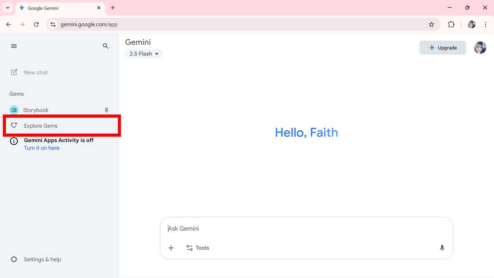 Red rectangle outline highlighting the Explore Gems option on Gemini web app on a computer