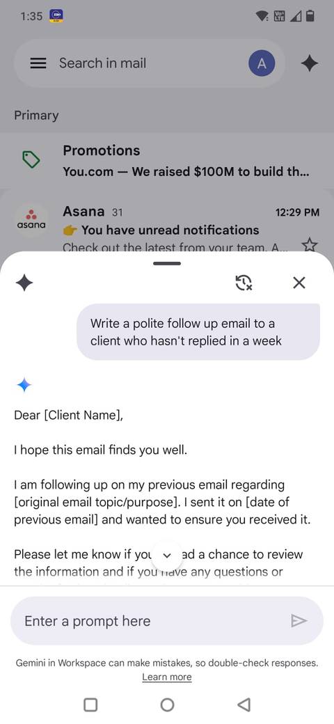 Screenshot of Gemini drafting an email
