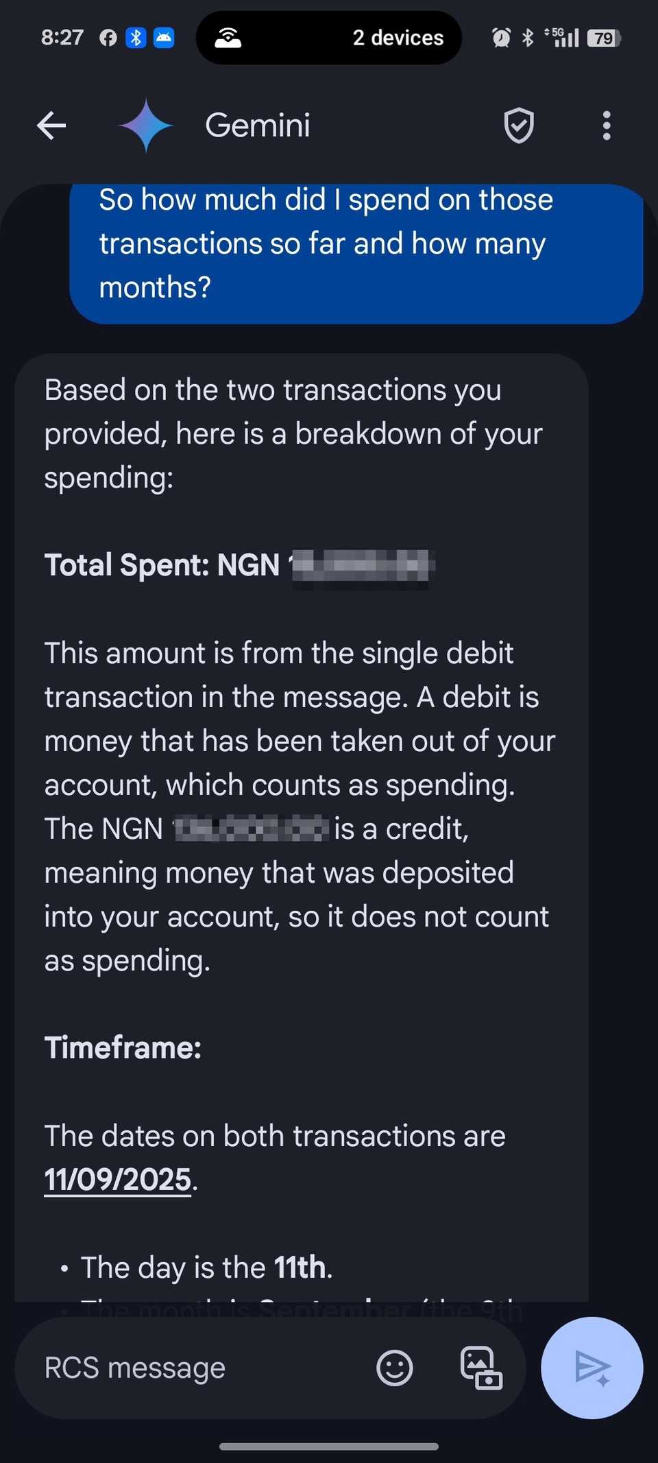 User conversation with Gemini in Google Messages about budget