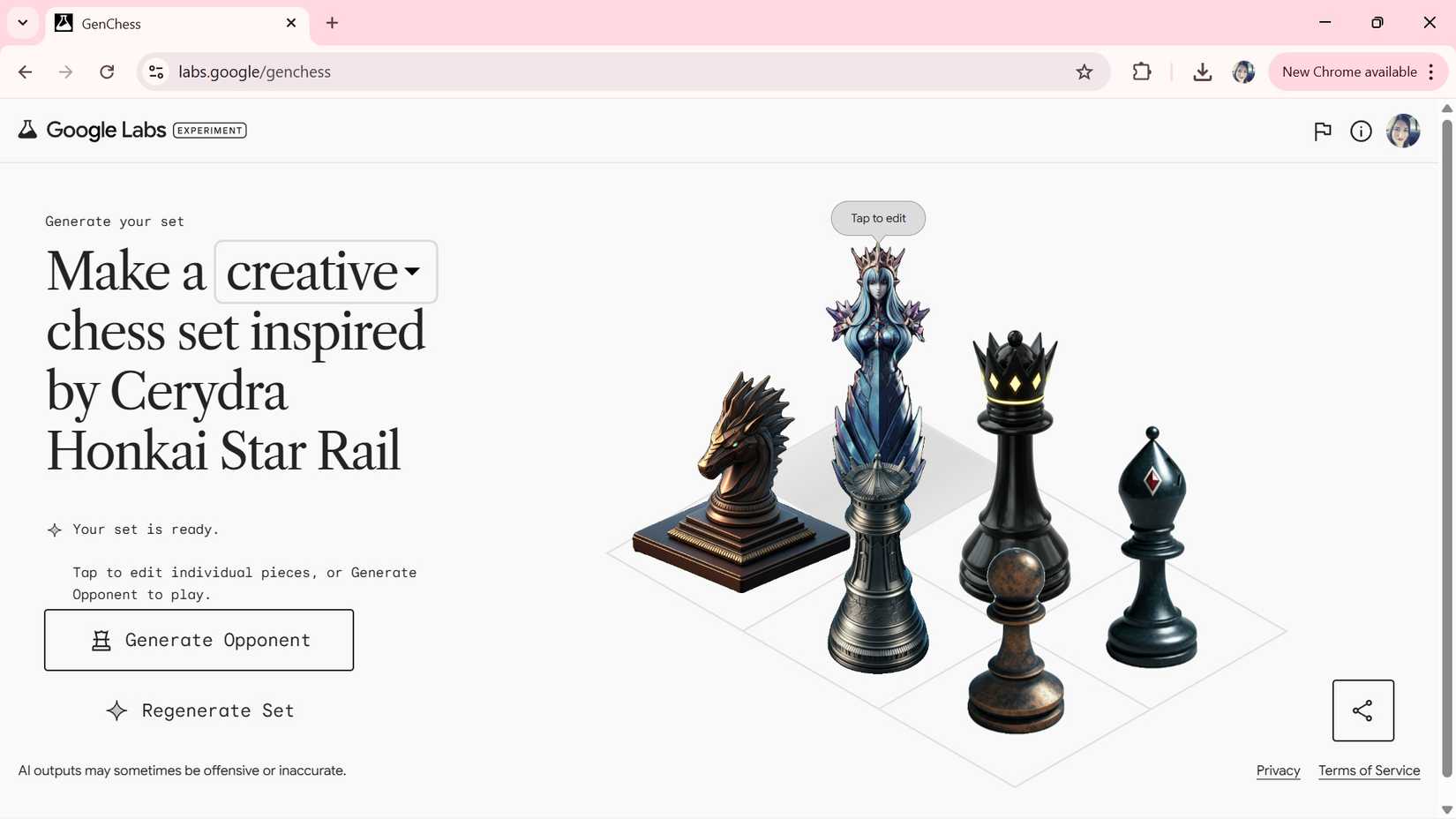 Using AI to generated pieces wit the 'Cerydra Honkai Star Rail' prompt showing failed results in GenChess
