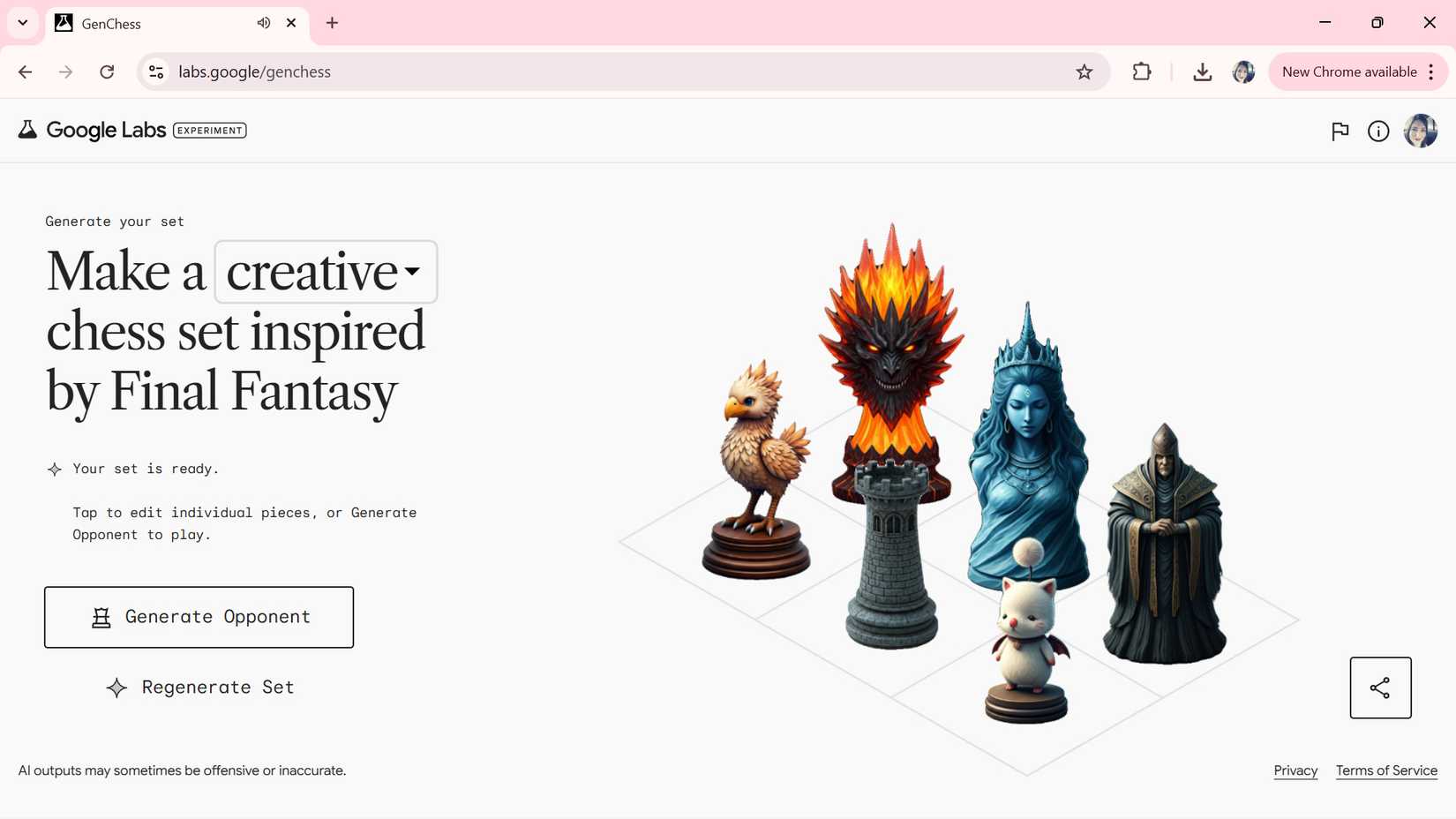 Using AI to create chess pieces inspired by Final Fantasy in GenChess