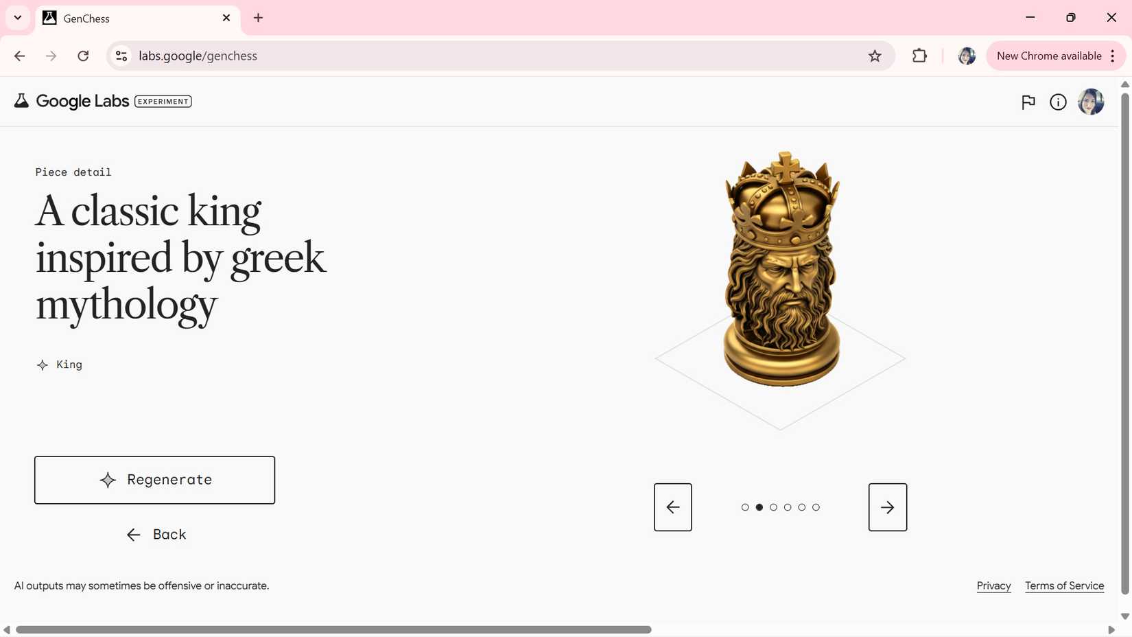 Oversized AI generated king chess piece using the greek mythology prompt