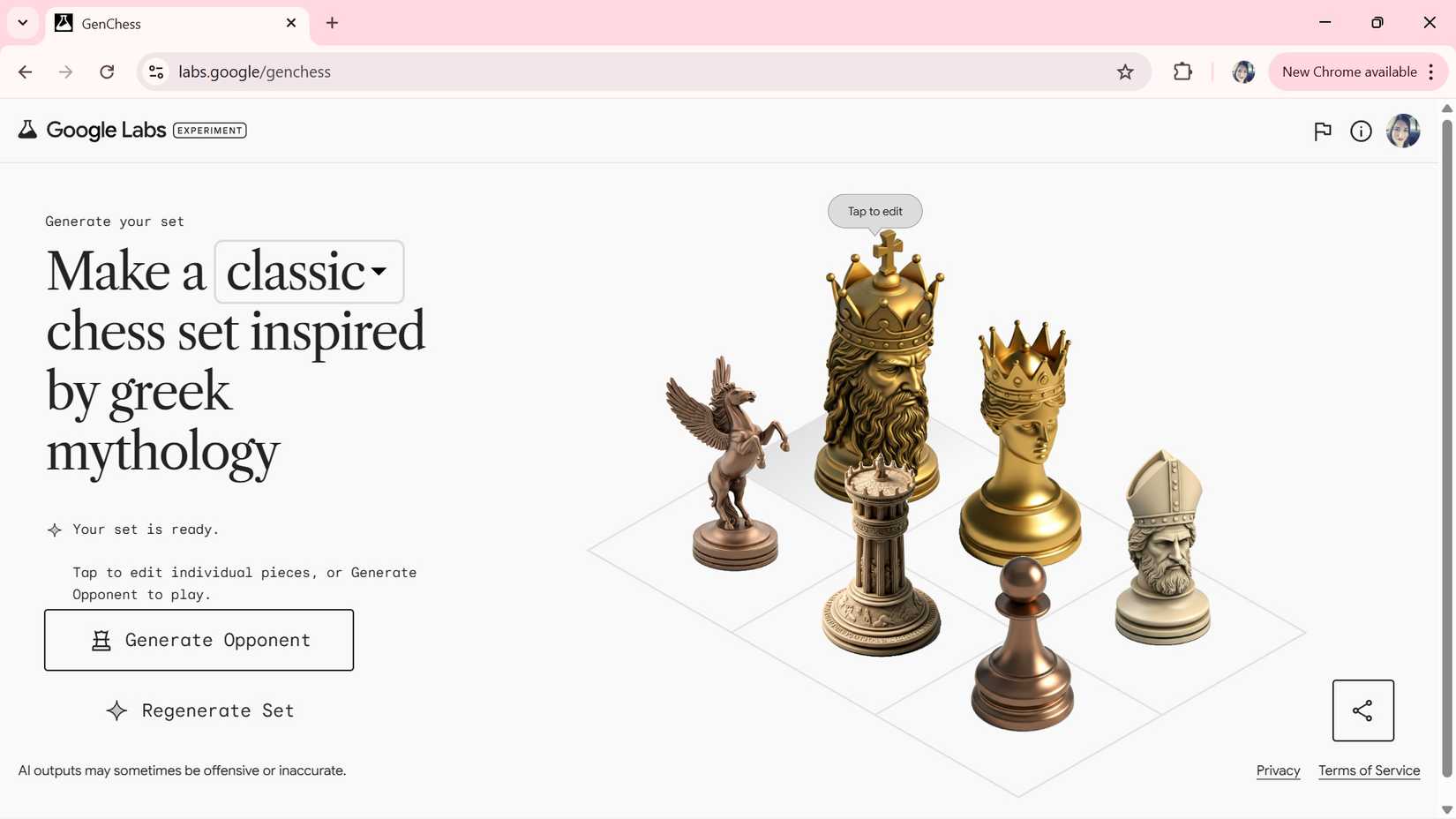 Using the classic option with the 'greek mythology' prompt to generated chess pieces around a theme