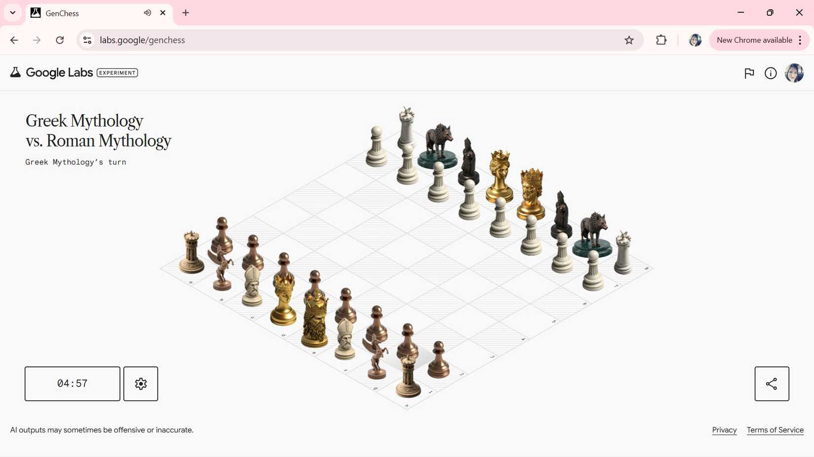 Genchess in Google labs showing the start of a new game with custom chess pieces
