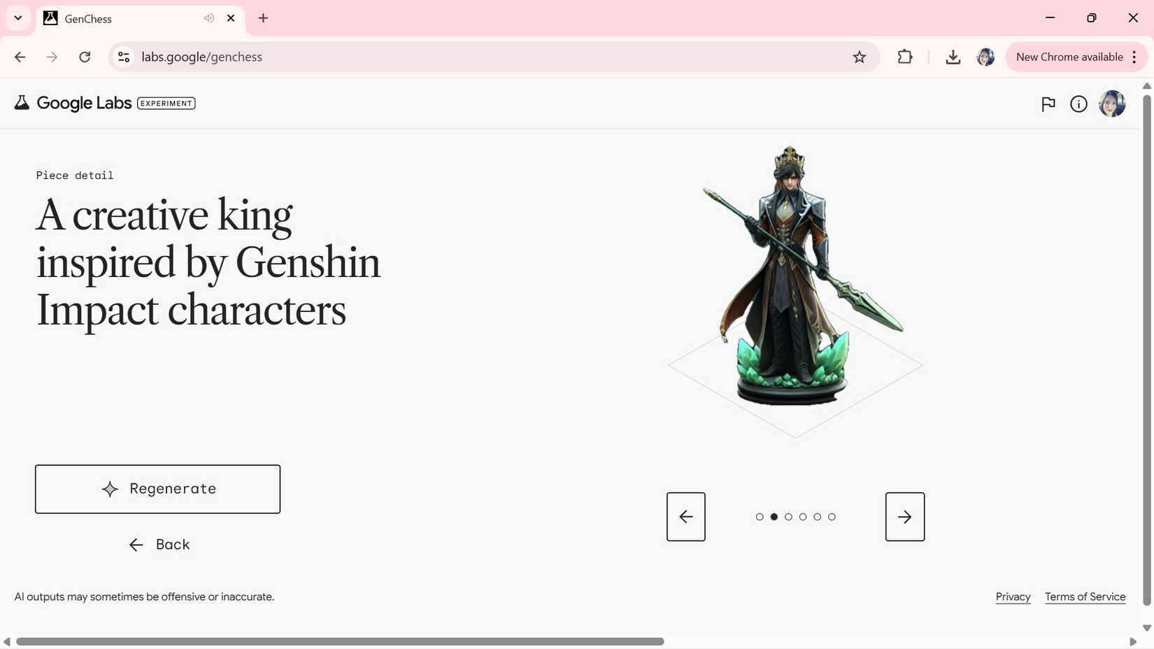 AI generating the king chess piece in likeness of 'Zhongli' from Genshin Impact